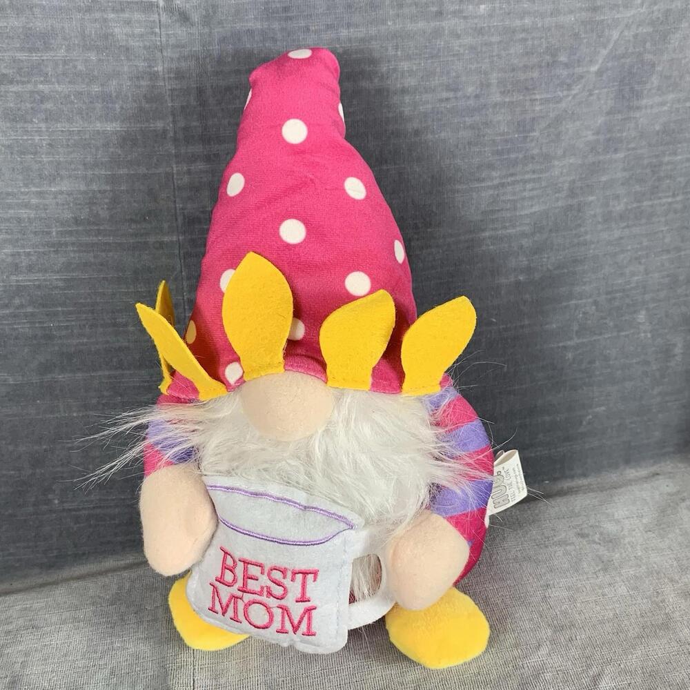 Best Mom Gnome 9" Pink Gnomies Hug Feel Love Holds Mug Polka Dots Giftcraft NWT
